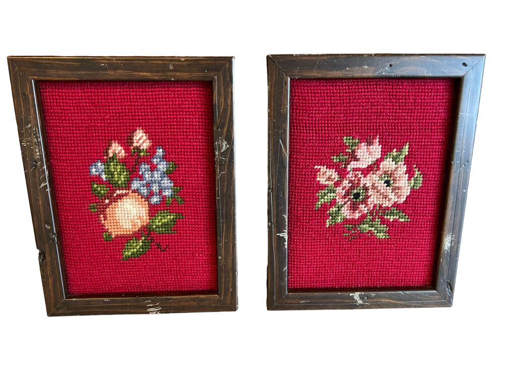 Pair of Vintage framed Finished needlepoint pieces Floral